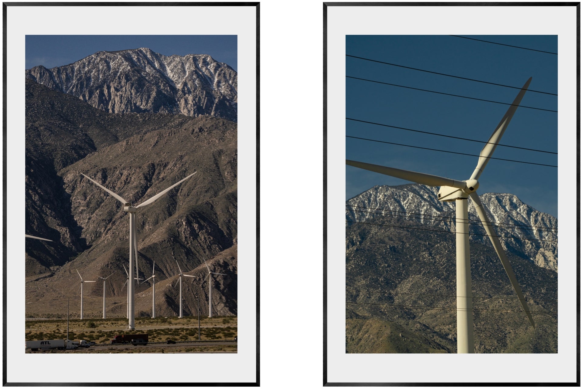 THE TURBINES AND THE TRUCKS BELOW THE MOUNTAIN