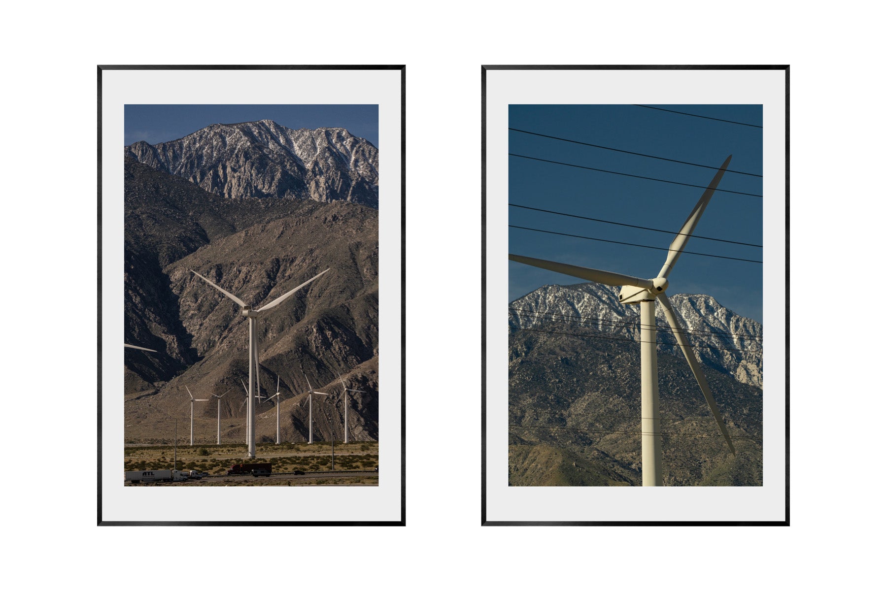 THE TURBINES AND THE TRUCKS BELOW THE MOUNTAIN
